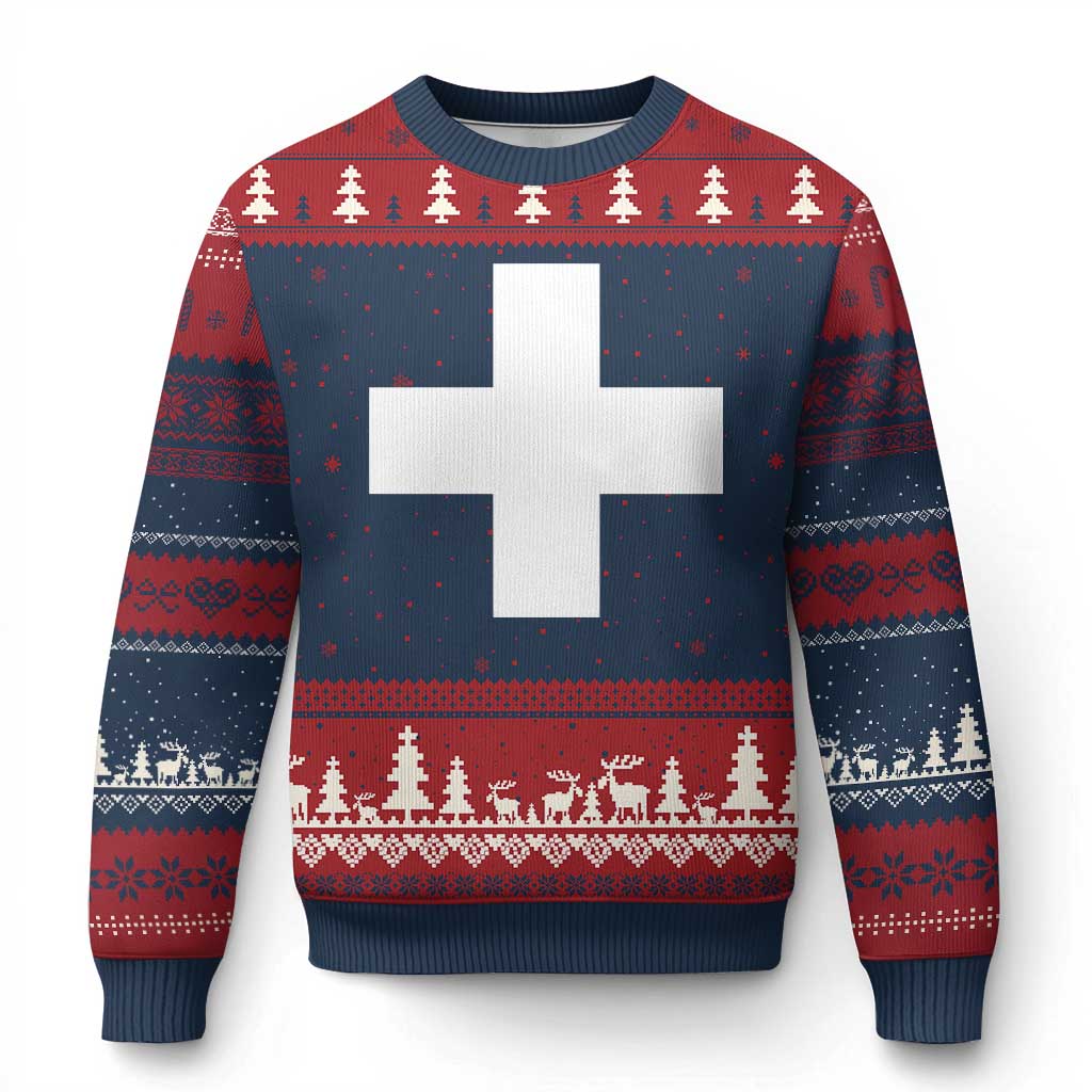 Swiss Vintage Cross Flag Switzerland Ugly Christmas Sweater TS10 Navy Red Print Your Wear