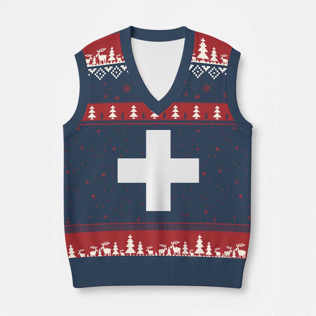Swiss Vintage Cross Flag Switzerland V-Neck Knit Sweater Vest TS10 Navy Red Print Your Wear