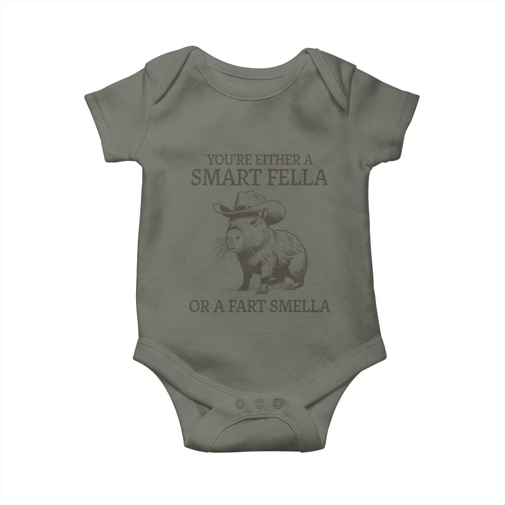 Funny Capybara Baby Onesie Retro Smart Fella Capybara Vintage 90s TS10 Military Green Print Your Wear
