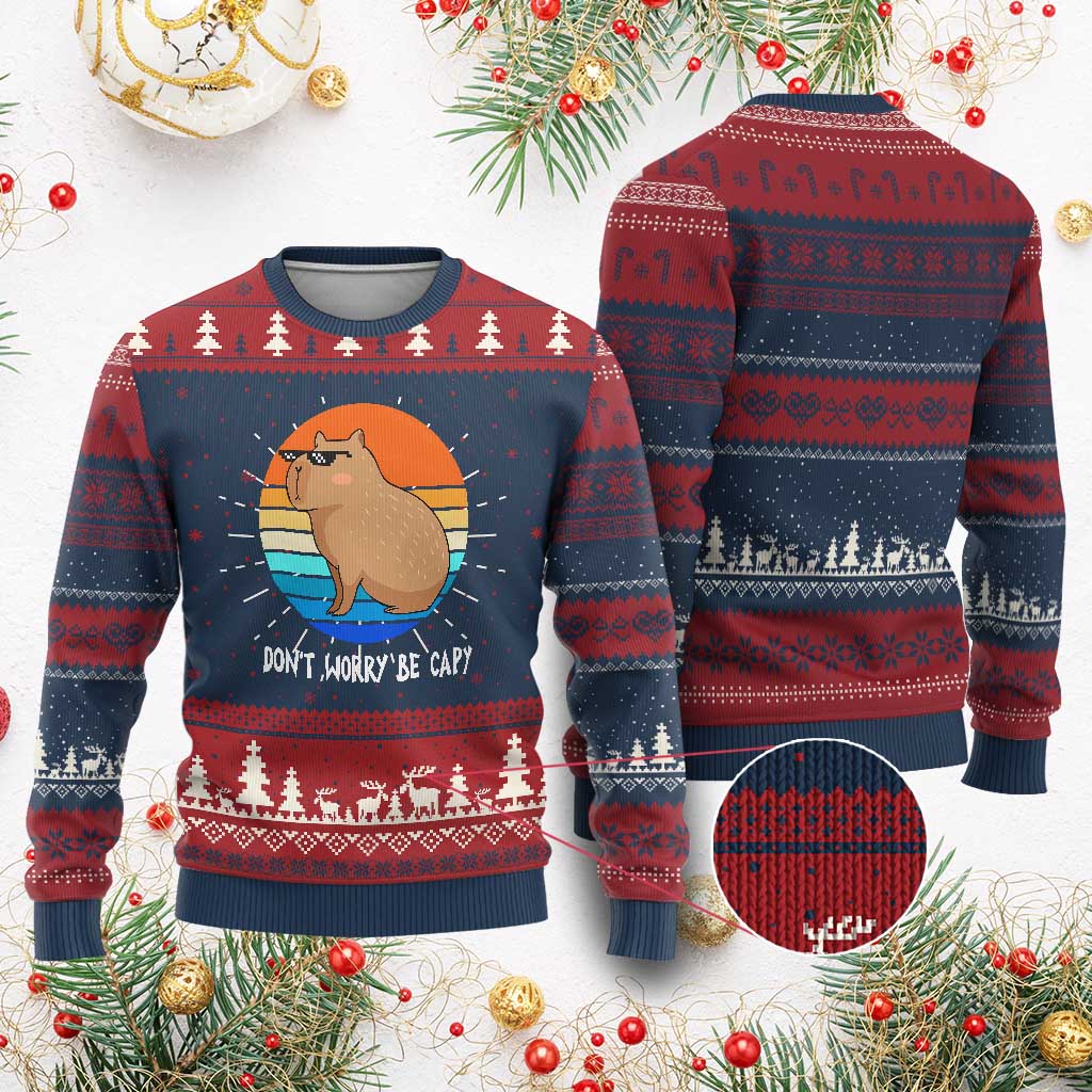 Funny Capybara Knit Sweatshirt Vintage Rodent Dont Be Worry Be Capy - Print Your Wear