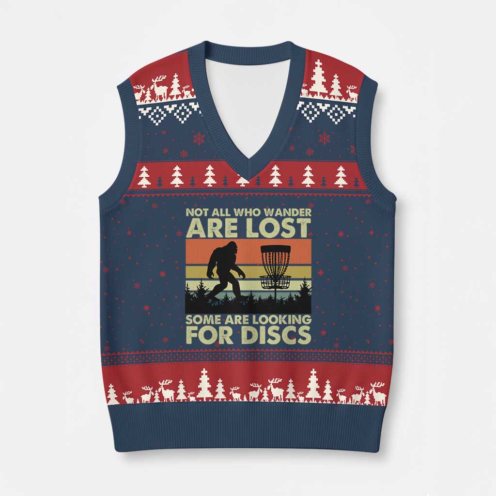 Funny Disc Golf Bigfoot V-Neck Knit Sweater Vest Vintage Sasquatch Sports Golfer Dad Frisbee - Print Your Wear