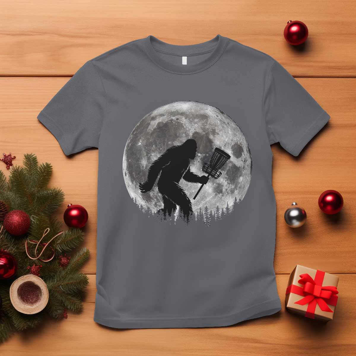 Disc Golf Bigfoot T Shirt Funny Cool Full Moon & Trees Sasquatch TS10 Charcoal Print Your Wear