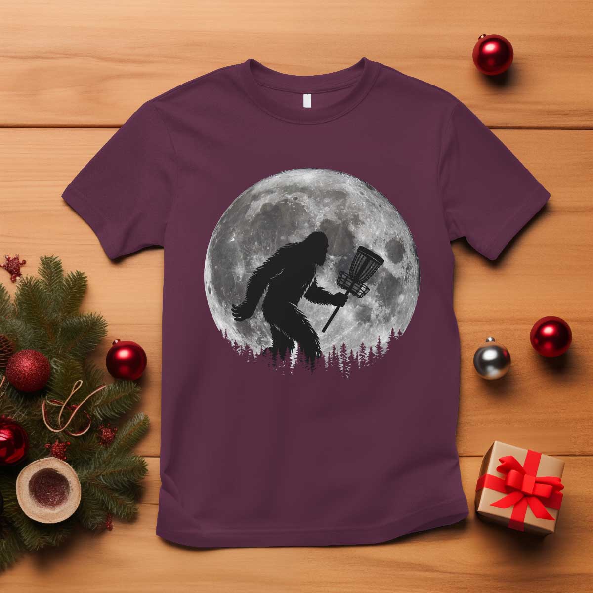 Disc Golf Bigfoot T Shirt Funny Cool Full Moon & Trees Sasquatch TS10 Maroon Print Your Wear