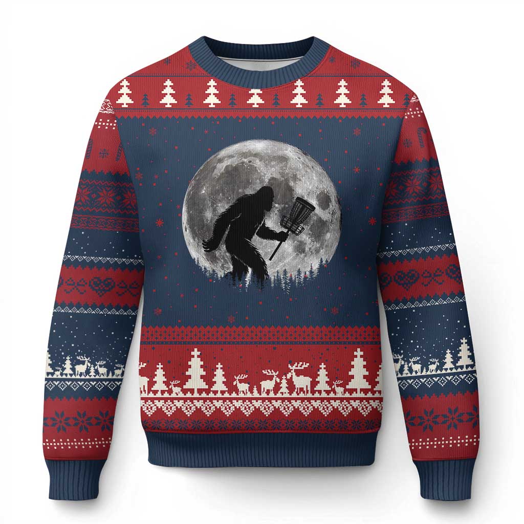 Disc Golf Bigfoot Ugly Christmas Sweater Funny Cool Full Moon & Trees Sasquatch TS10 Navy Red Print Your Wear