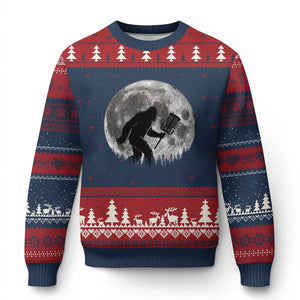Disc Golf Bigfoot Ugly Christmas Sweater Funny Cool Full Moon & Trees Sasquatch TS10 Navy Red Print Your Wear