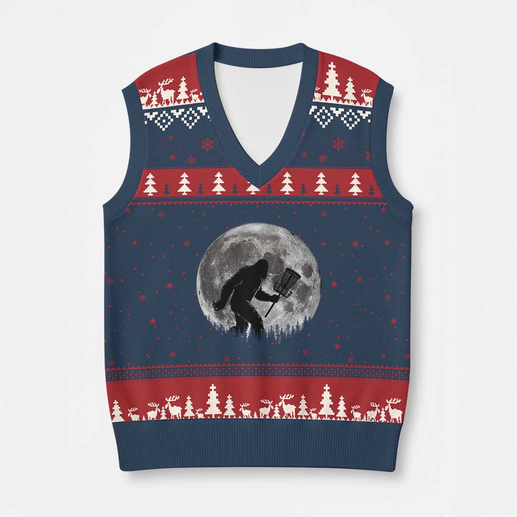 Disc Golf Bigfoot V-Neck Knit Sweater Vest Funny Cool Full Moon & Trees Sasquatch TS10 Navy Red Print Your Wear