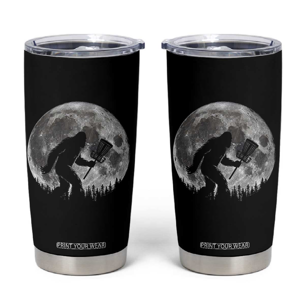 Disc Golf Bigfoot Tumbler Cup Funny Cool Full Moon & Trees Sasquatch TS10 Black Print Your Wear