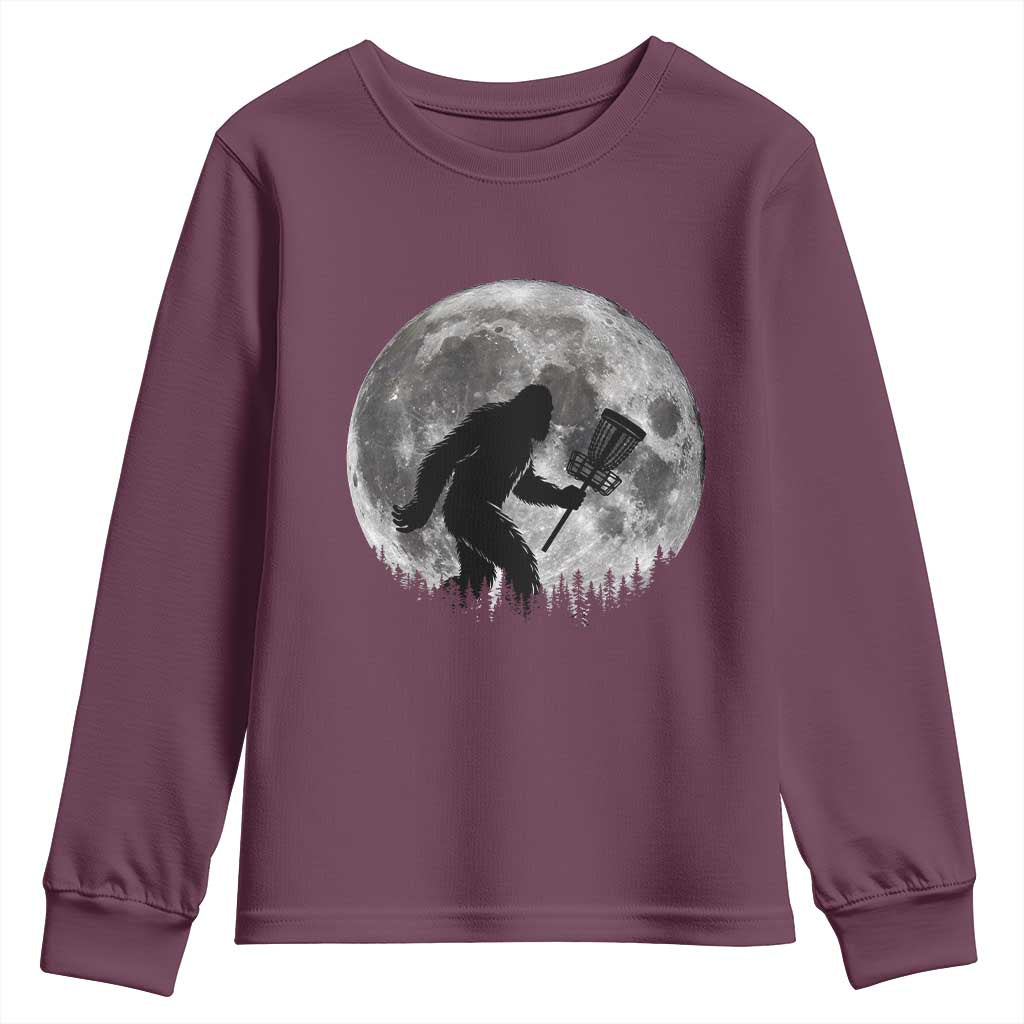 Disc Golf Bigfoot Youth Sweatshirt Funny Cool Full Moon & Trees Sasquatch TS10 Maroon Print Your Wear