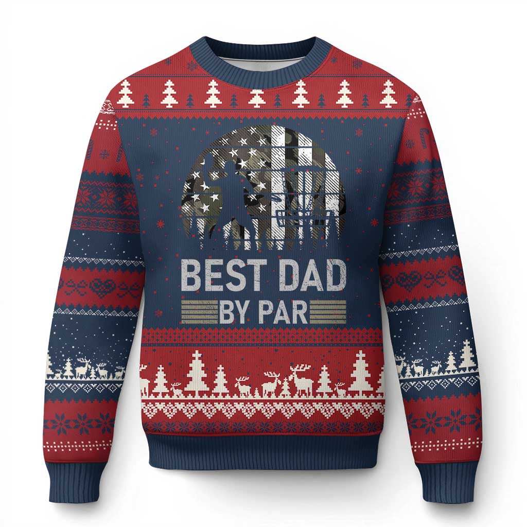 Disc Golf Best Dad By Par Ugly Christmas Sweater Funny Sports Golfer Frisbee Camo American Flag - Print Your Wear
