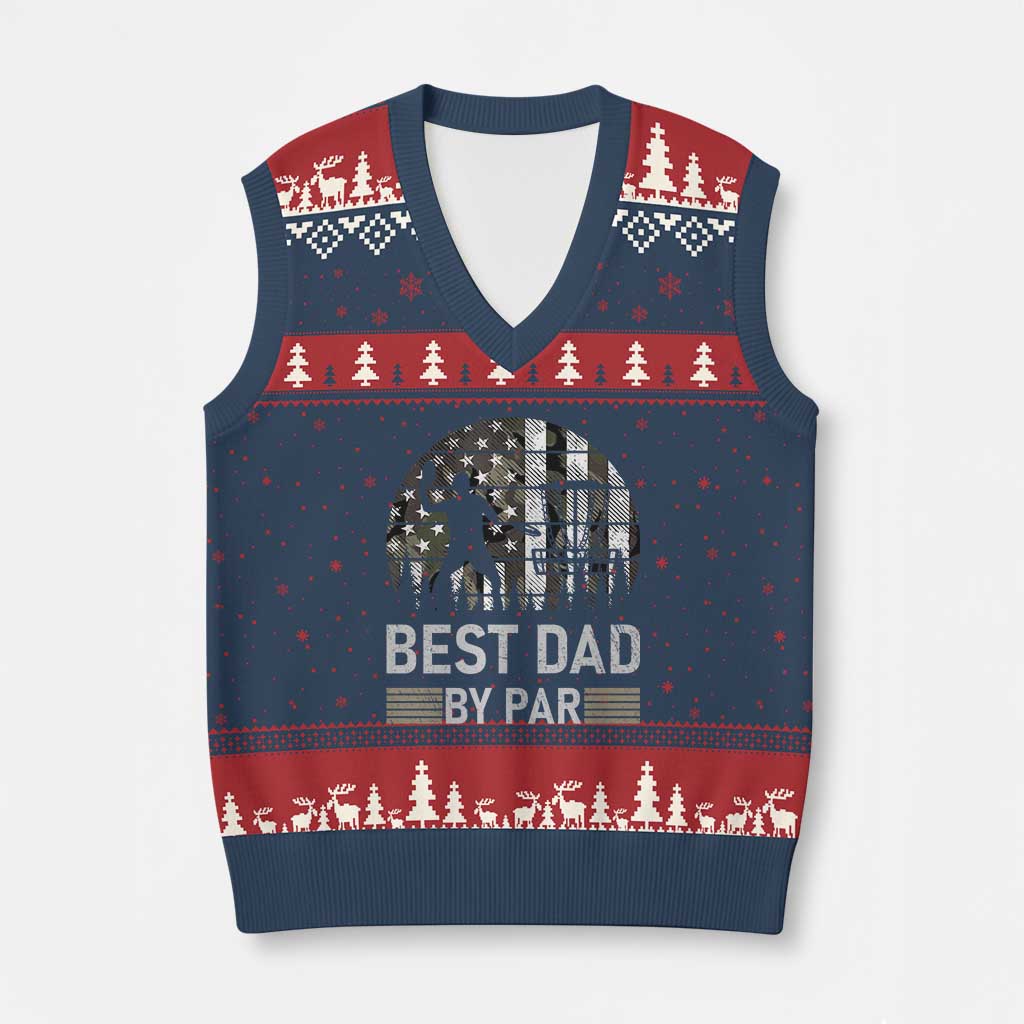 Disc Golf Best Dad By Par V-Neck Knit Sweater Vest Funny Sports Golfer Frisbee Camo American Flag - Print Your Wear
