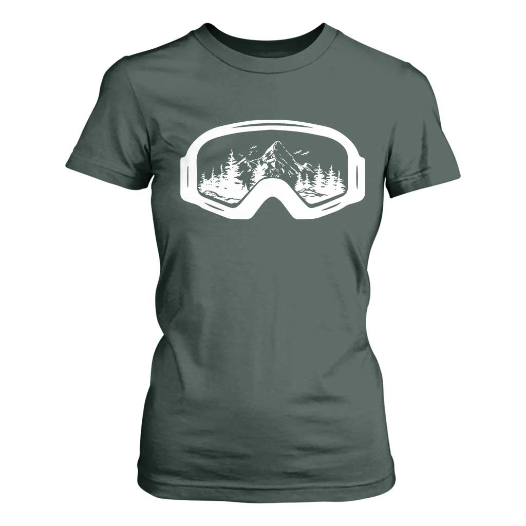 Skiing T Shirt For Women Skiing Goggles Snow Wintersport Ski Snowboard TS10 Dark Forest Green Print Your Wear