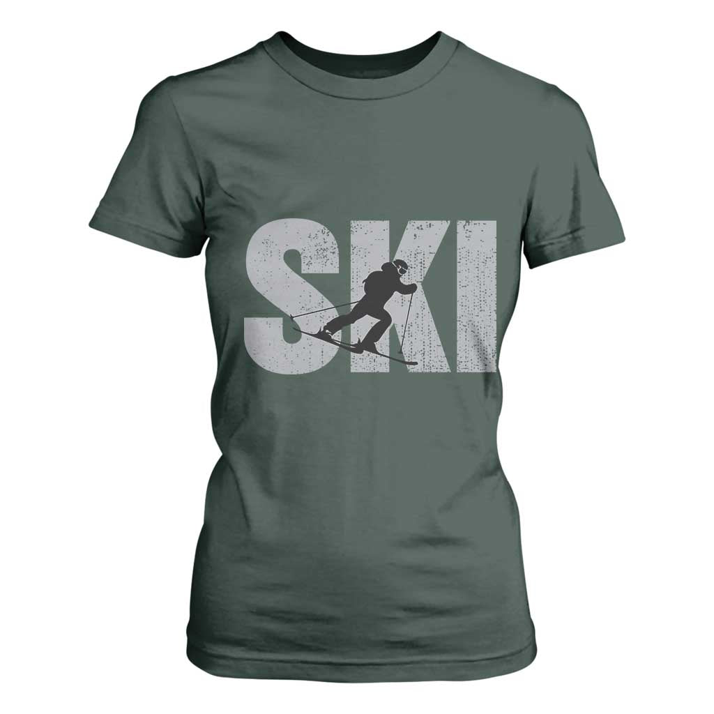 Cool Distressed Skiing T Shirt For Women for Skiers TS10 Dark Forest Green Print Your Wear