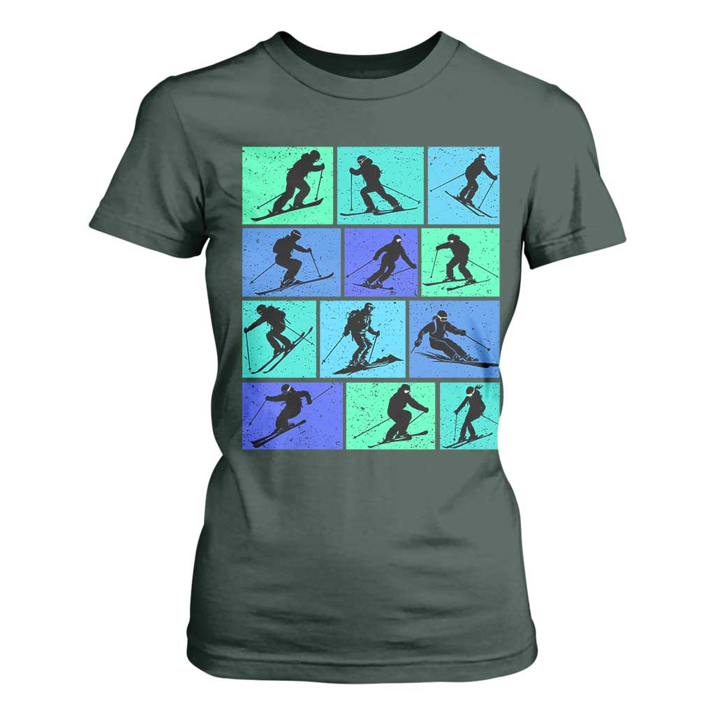 Skiing T Shirt For Women for Skiers Wintersport Ski Snowboard TS10 Dark Forest Green Print Your Wear
