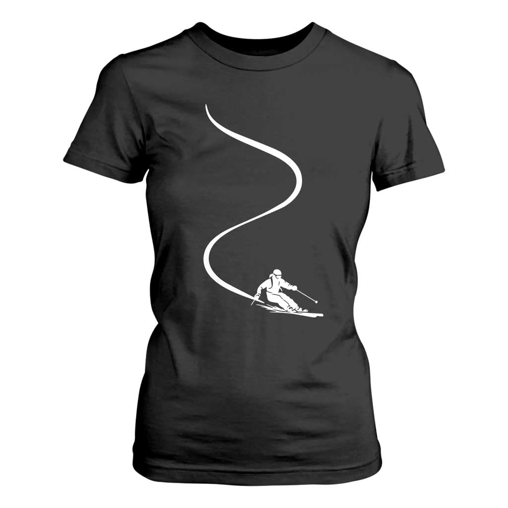Skiing T Shirt For Women Skier With Tracks In Deep Powder Snow Freeride Gift TS10 Black Print Your Wear