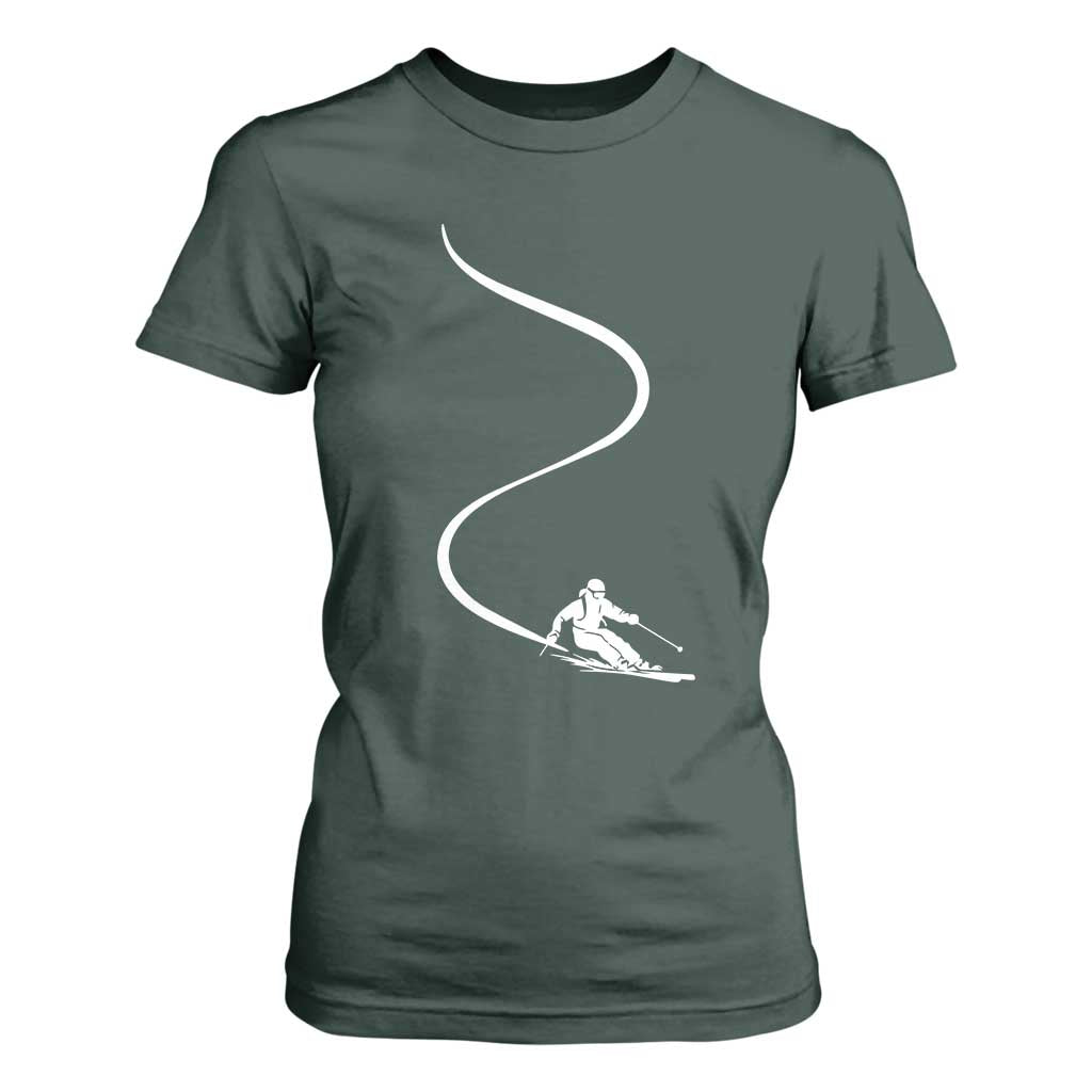 Skiing T Shirt For Women Skier With Tracks In Deep Powder Snow Freeride Gift TS10 Dark Forest Green Print Your Wear