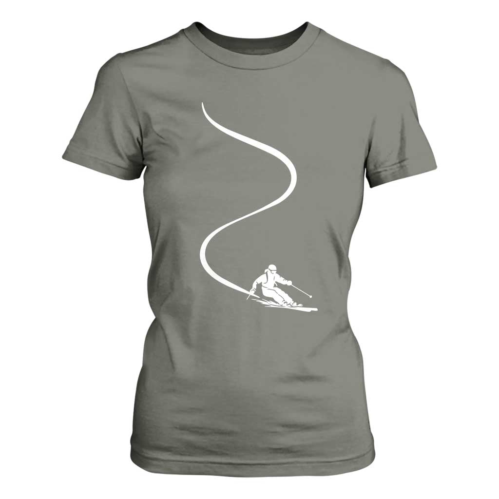 Skiing T Shirt For Women Skier With Tracks In Deep Powder Snow Freeride Gift TS10 Military Green Print Your Wear