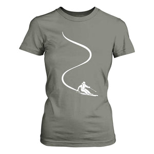 Skiing T Shirt For Women Skier With Tracks In Deep Powder Snow Freeride Gift TS10 Military Green Print Your Wear