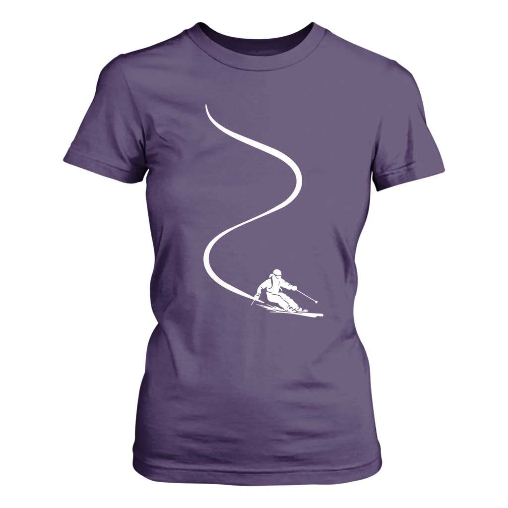 Skiing T Shirt For Women Skier With Tracks In Deep Powder Snow Freeride Gift TS10 Purple Print Your Wear