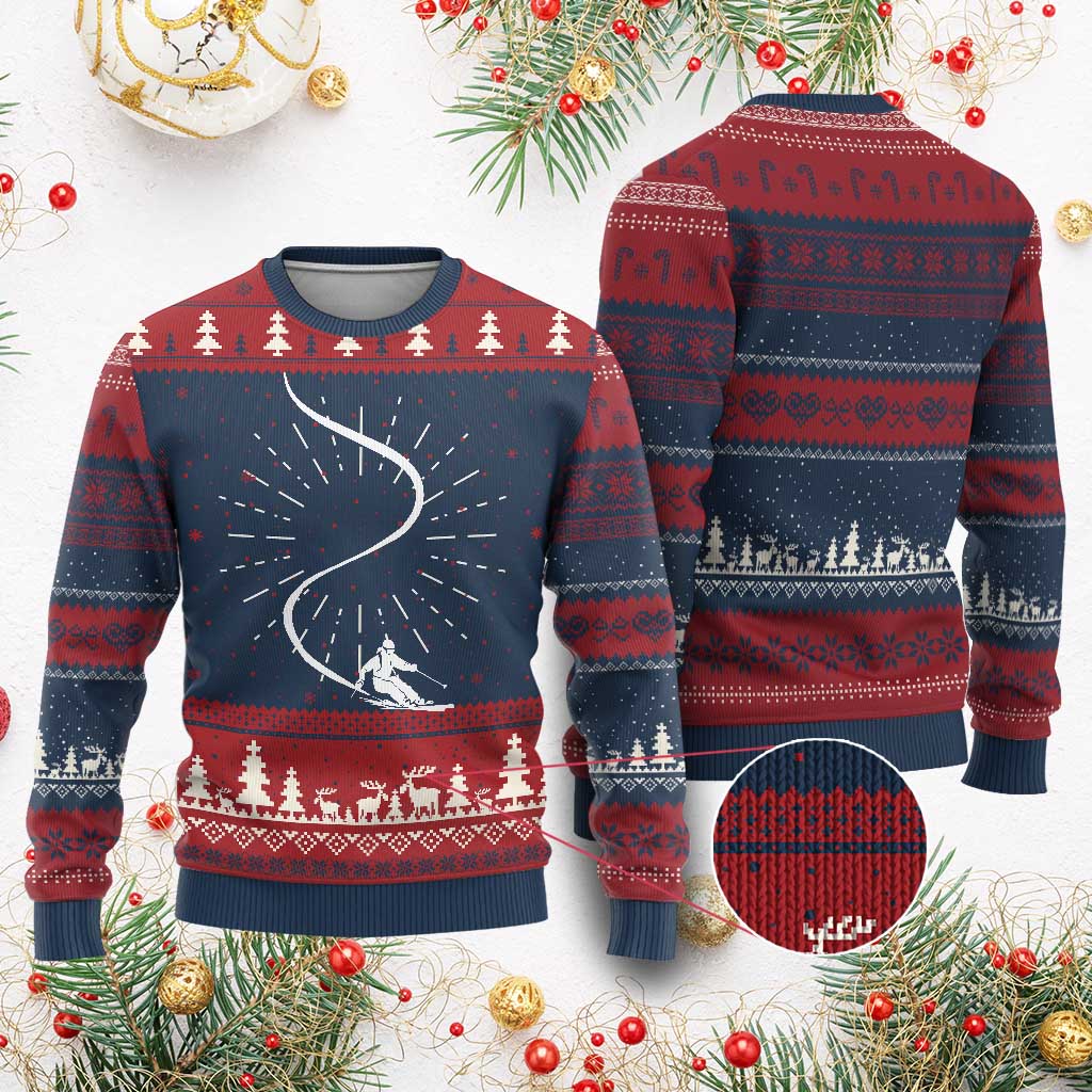 Skiing Knit Sweatshirt Skier With Tracks In Deep Powder Snow Freeride Gift TS10 Burgundy Print Your Wear