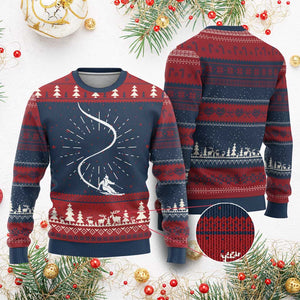 Skiing Knit Sweatshirt Skier With Tracks In Deep Powder Snow Freeride Gift TS10 Burgundy Print Your Wear