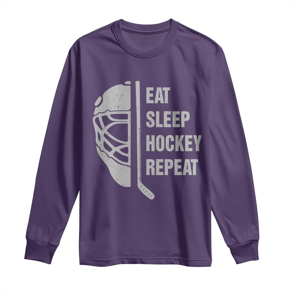 Ice Hockey Player Long Sleeve Shirt Funny Eat Sleep Hockey Repeat Sport Fan TS10 Purple Print Your Wear