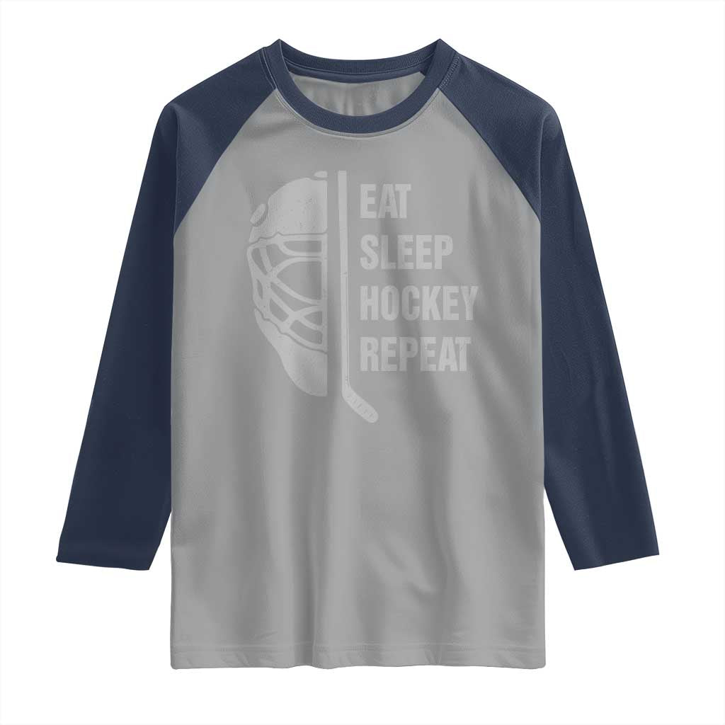 Ice Hockey Player Raglan Shirt Funny Eat Sleep Hockey Repeat Sport Fan TS10 Sport Gray Navy Print Your Wear
