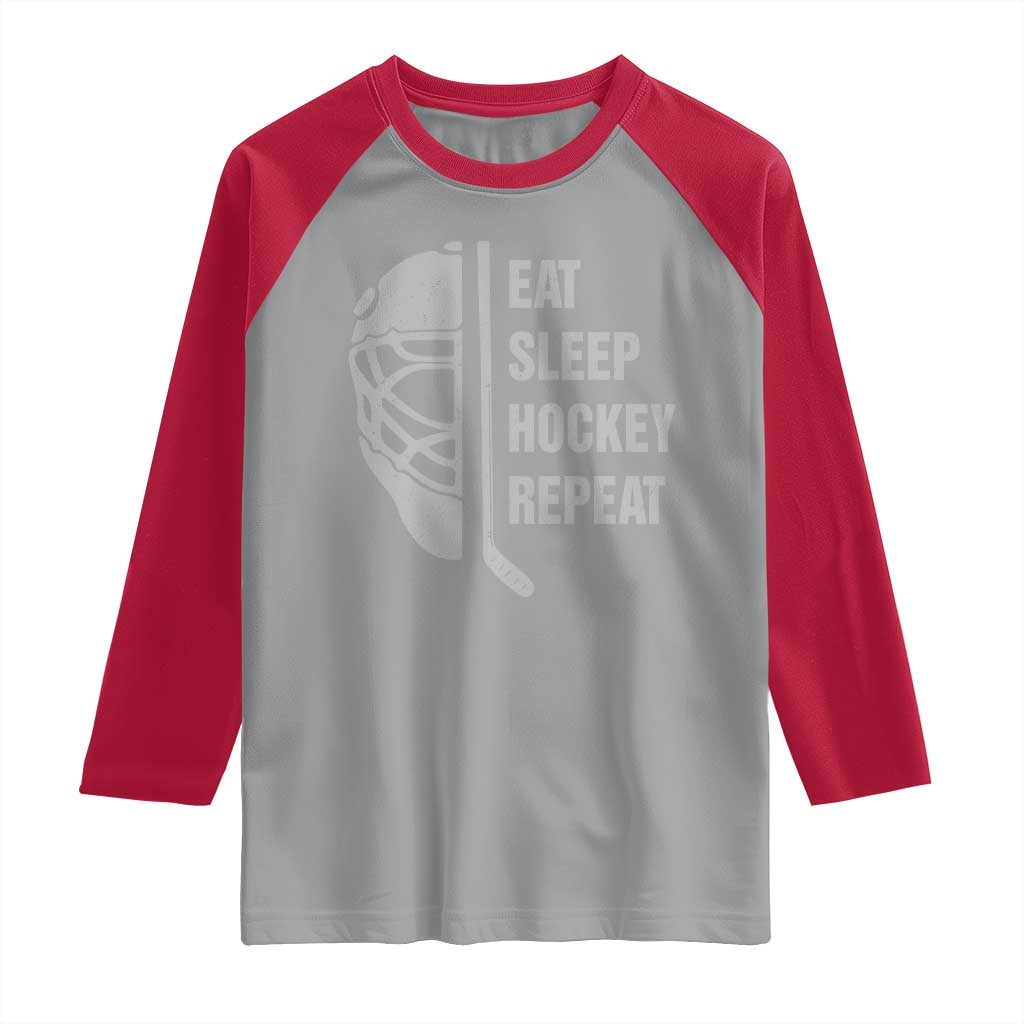Ice Hockey Player Raglan Shirt Funny Eat Sleep Hockey Repeat Sport Fan TS10 Sport Gray Red Print Your Wear