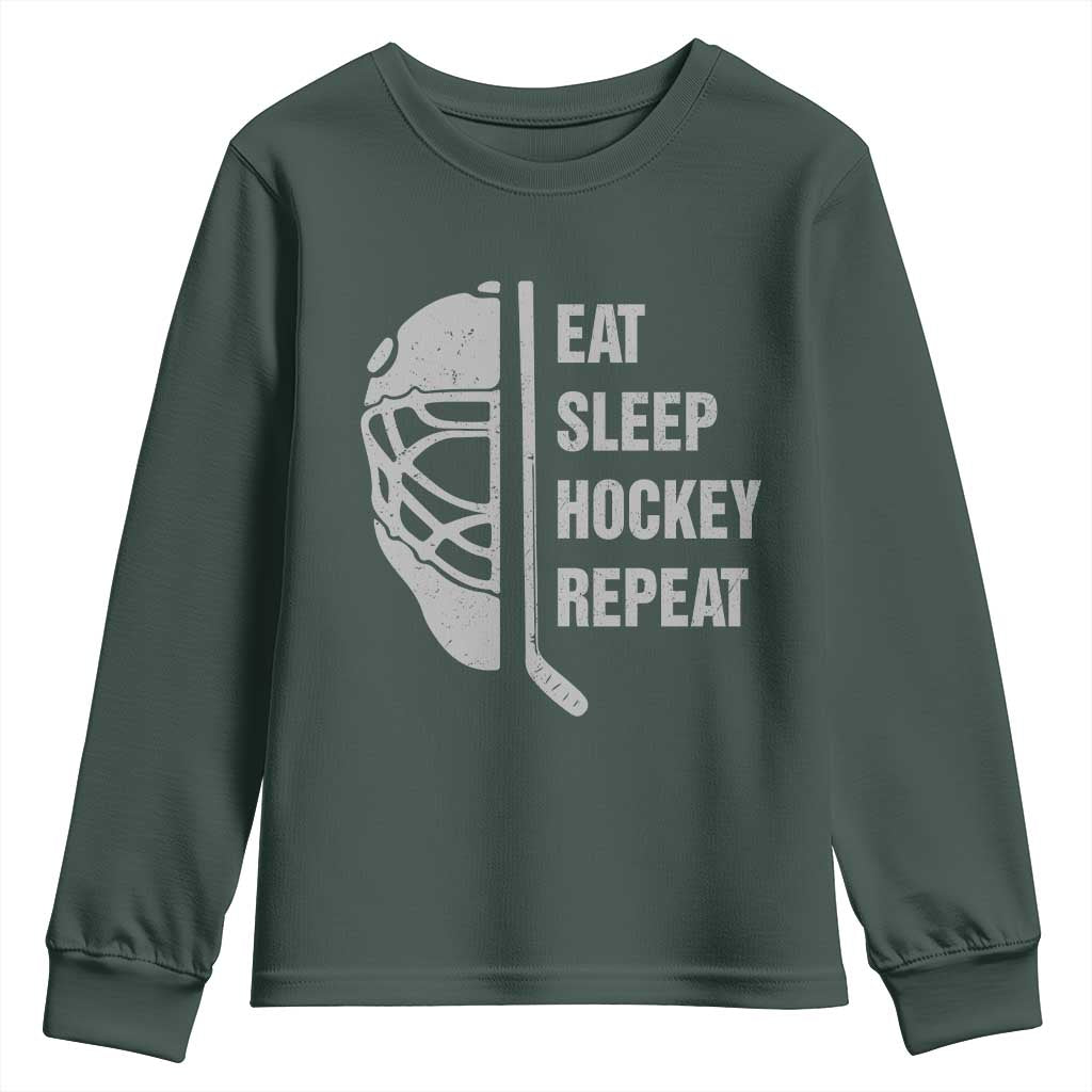 Ice Hockey Player Youth Sweatshirt Funny Eat Sleep Hockey Repeat Sport Fan TS10 Dark Forest Green Print Your Wear