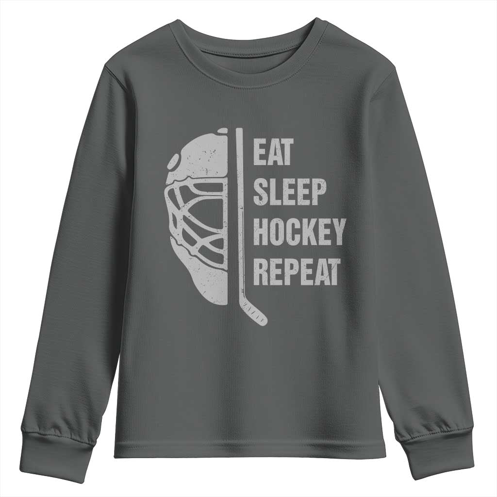 Ice Hockey Player Youth Sweatshirt Funny Eat Sleep Hockey Repeat Sport Fan TS10 Dark Heather Print Your Wear
