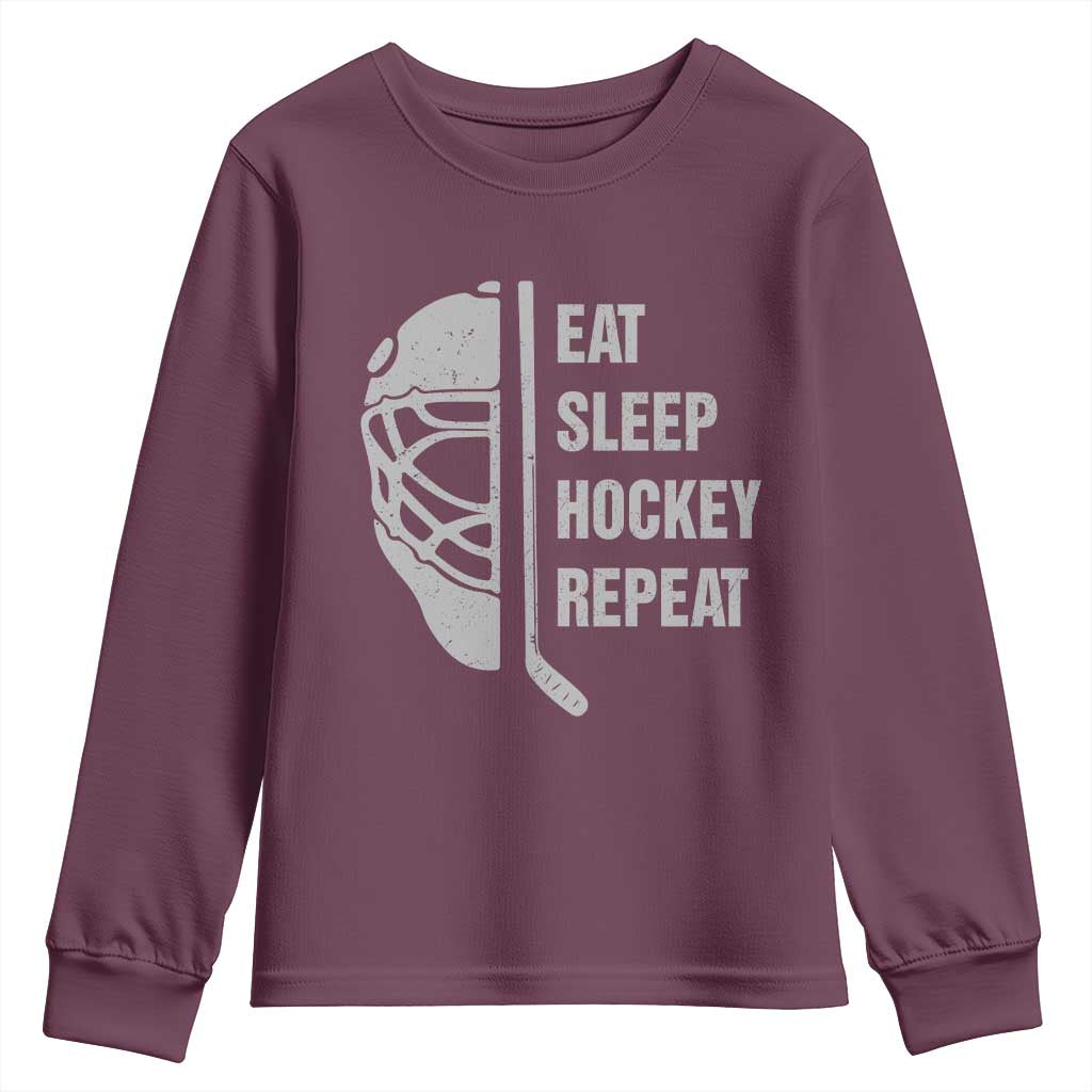 Ice Hockey Player Youth Sweatshirt Funny Eat Sleep Hockey Repeat Sport Fan TS10 Maroon Print Your Wear