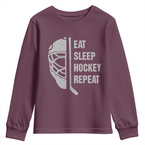 Ice Hockey Player Youth Sweatshirt Funny Eat Sleep Hockey Repeat Sport Fan TS10 Maroon Print Your Wear