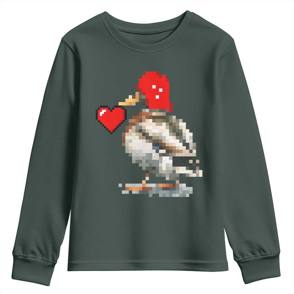 Pixel Valentine Mallard Duck Youth Sweatshirt Hunting Valentines Day Gift For Her TS10 Dark Forest Green Print Your Wear