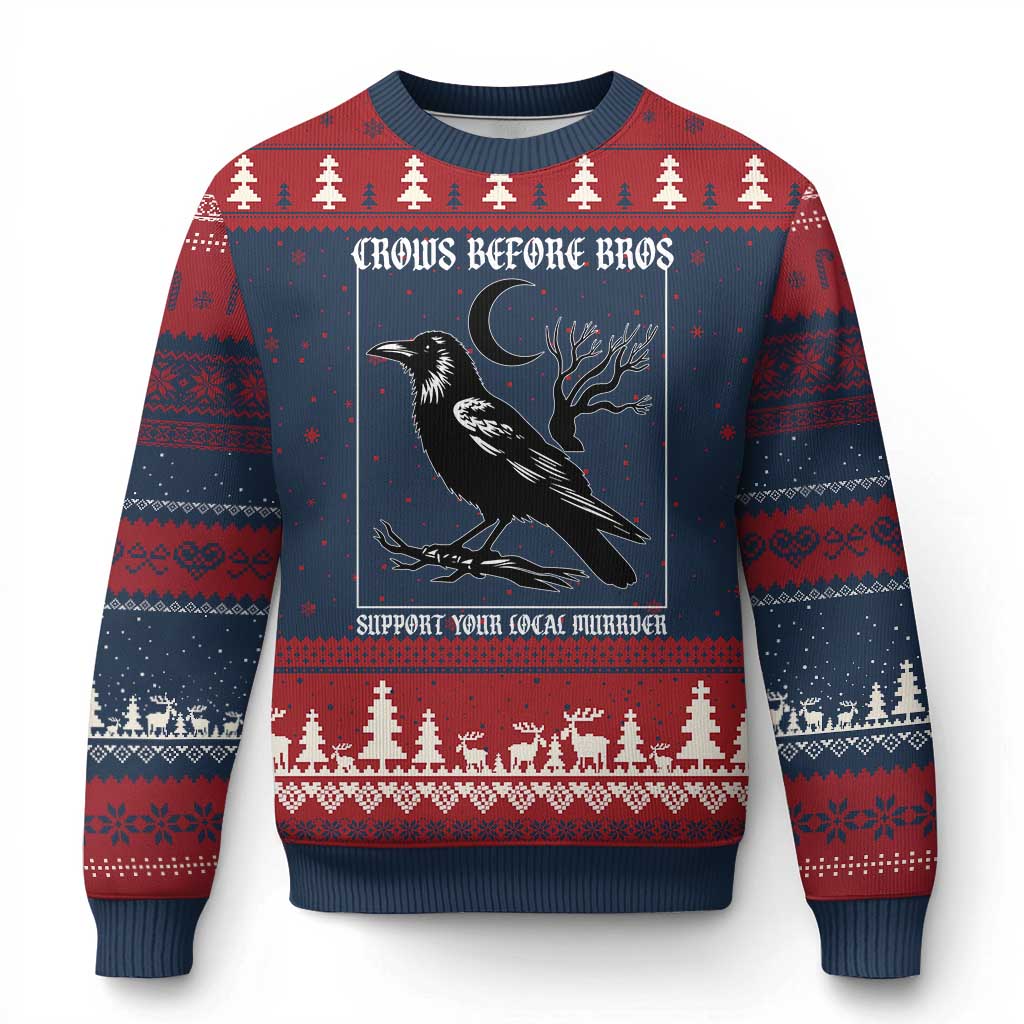 Crows Before Bros Support Your Local Murder Ugly Christmas Sweater Funny Crow Lovers TS10 Navy Red Print Your Wear