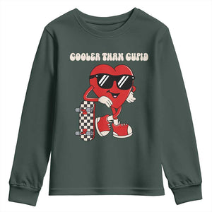 Funny Heart Valentine Day Youth Sweatshirt Cooler Than Cupid Skateboard Kids Toddler Boy Valentine TS10 Dark Forest Green Print Your Wear