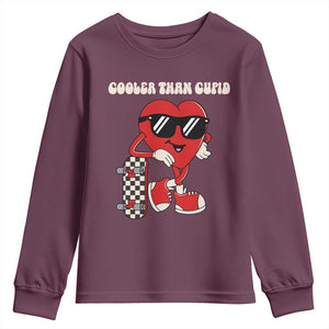 Funny Heart Valentine Day Youth Sweatshirt Cooler Than Cupid Skateboard Kids Toddler Boy Valentine TS10 Maroon Print Your Wear