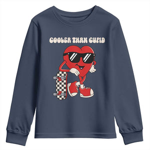 Funny Heart Valentine Day Youth Sweatshirt Cooler Than Cupid Skateboard Kids Toddler Boy Valentine TS10 Navy Print Your Wear