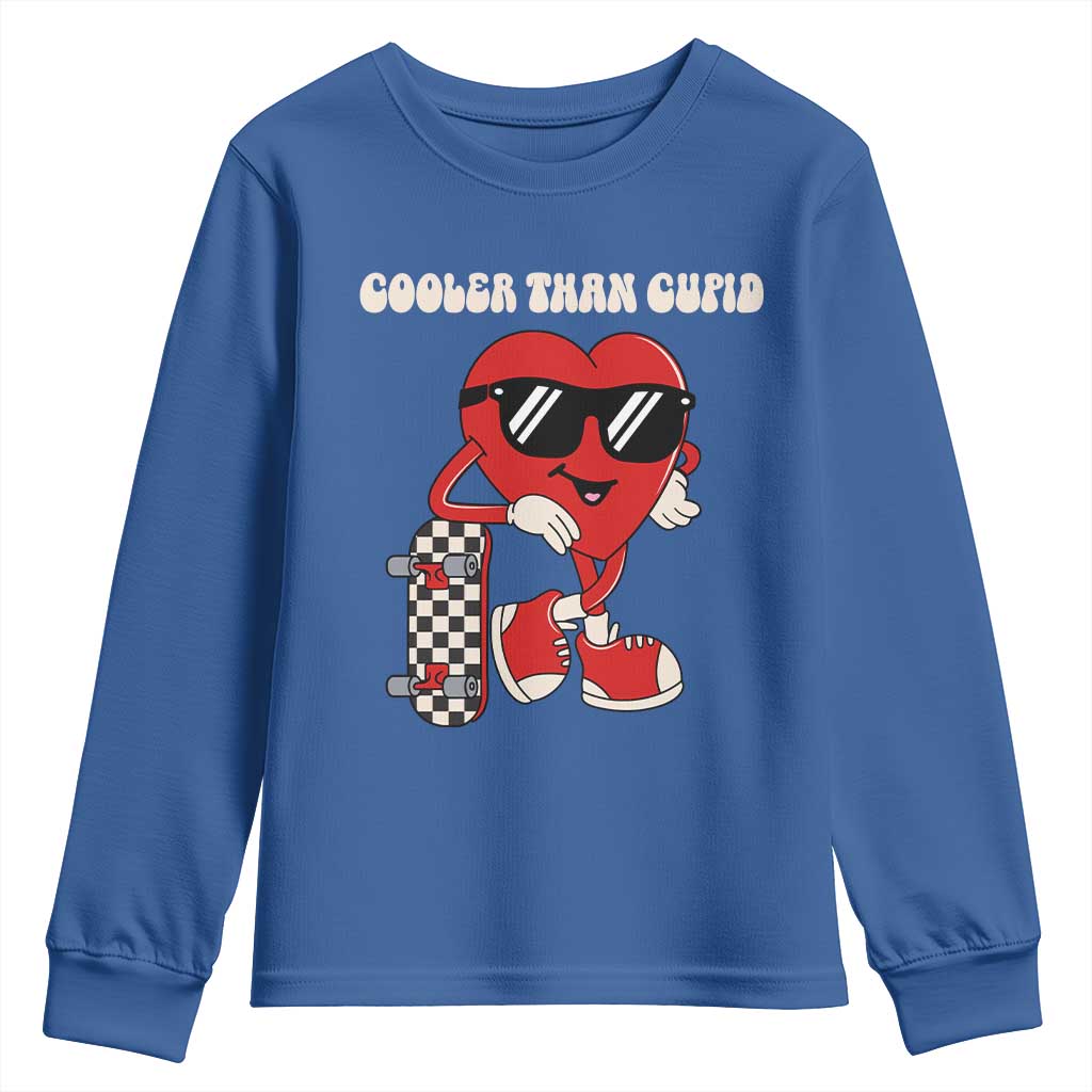 Funny Heart Valentine Day Youth Sweatshirt Cooler Than Cupid Skateboard Kids Toddler Boy Valentine TS10 Royal Blue Print Your Wear