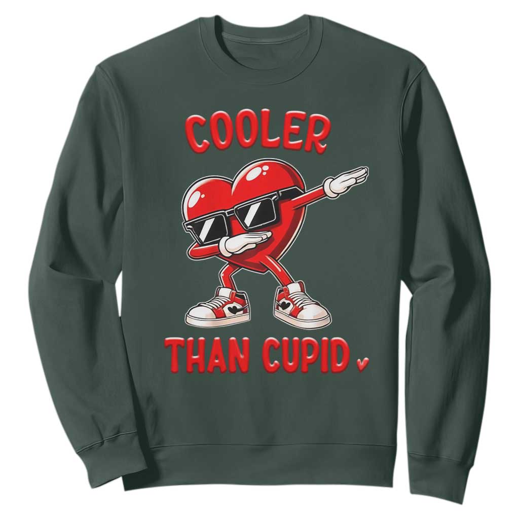 Dabbing Heart Valentine Day Sweatshirt Cooler Than Cupid Funny Kids Boys TS10 Dark Forest Green Print Your Wear