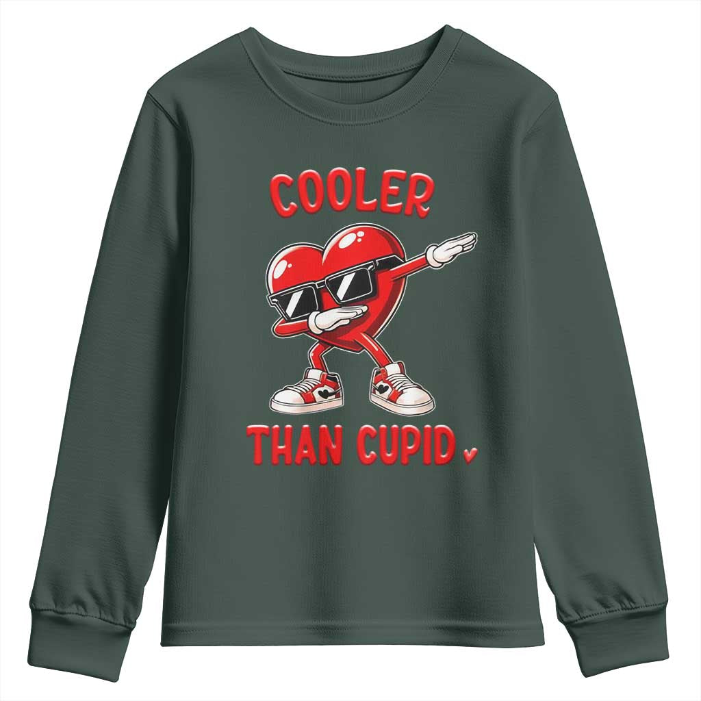Dabbing Heart Valentine Day Youth Sweatshirt Cooler Than Cupid Funny Kids Boys TS10 Dark Forest Green Print Your Wear