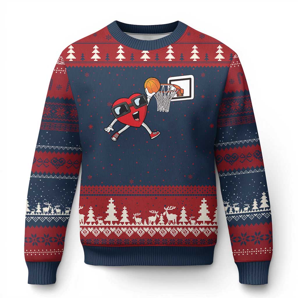 Basketball Valentines Ugly Christmas Sweater Cute Red Heart Playing Basketball Player Team Boys TS10 Navy Red Print Your Wear