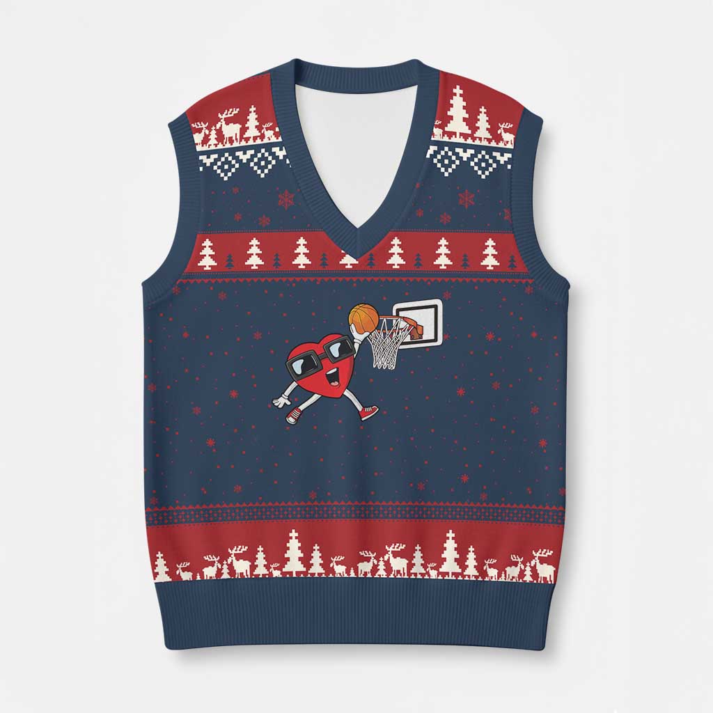 Basketball Valentines V-Neck Knit Sweater Vest Cute Red Heart Playing Basketball Player Team Boys TS10 Navy Red Print Your Wear