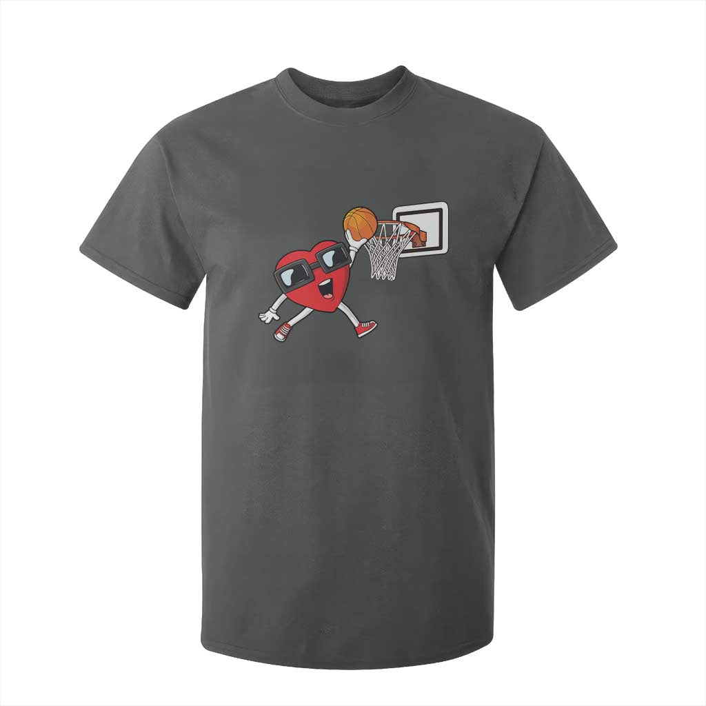 Basketball Valentines T Shirt For Kid Cute Red Heart Playing Basketball Player Team Boys TS10 Dark Heather Print Your Wear