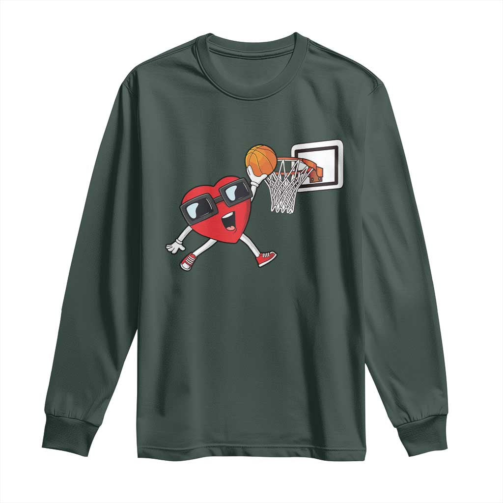 Basketball Valentines Long Sleeve Shirt Cute Red Heart Playing Basketball Player Team Boys TS10 Dark Forest Green Print Your Wear