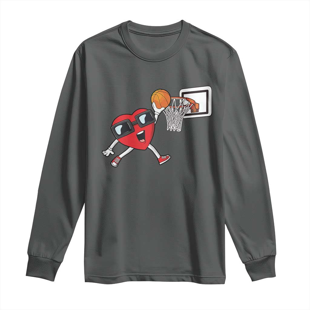 Basketball Valentines Long Sleeve Shirt Cute Red Heart Playing Basketball Player Team Boys TS10 Dark Heather Print Your Wear