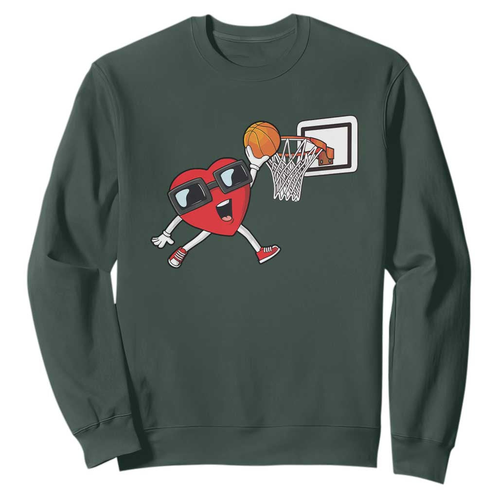 Basketball Valentines Sweatshirt Cute Red Heart Playing Basketball Player Team Boys TS10 Dark Forest Green Print Your Wear