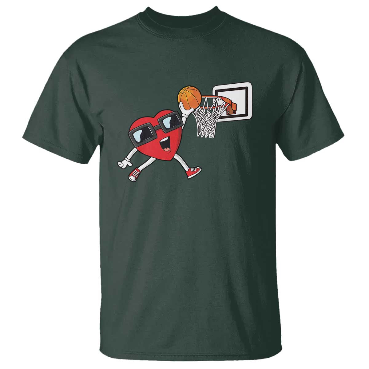 Basketball Valentines T Shirt - Cute Red Heart Playing Basketball Player Team Boys Gift Tee TS10 Dark Forest Green Print Your Wear