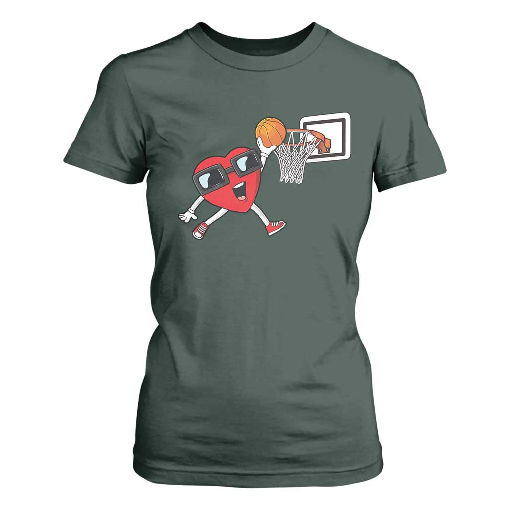 Basketball Valentines T Shirt For Women Cute Red Heart Playing Basketball Player Team Boys TS10 Dark Forest Green Print Your Wear