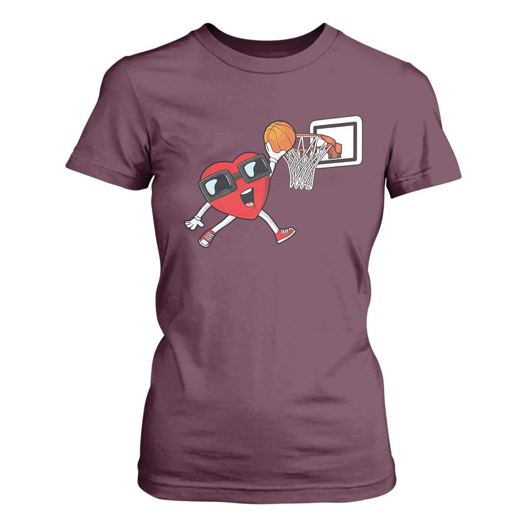 Basketball Valentines T Shirt For Women Cute Red Heart Playing Basketball Player Team Boys TS10 Maroon Print Your Wear