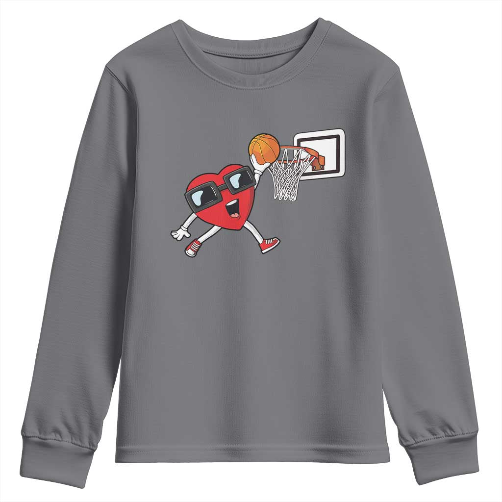 Basketball Valentines Youth Sweatshirt Cute Red Heart Playing Basketball Player Team Boys TS10 Charcoal Print Your Wear