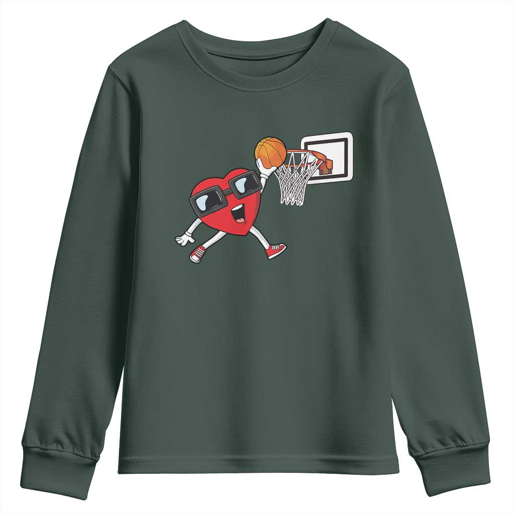 Basketball Valentines Youth Sweatshirt Cute Red Heart Playing Basketball Player Team Boys TS10 Dark Forest Green Print Your Wear